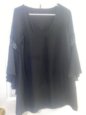 Sage Black V-Neck Bell Sleeve Tunic with Sequin Trim